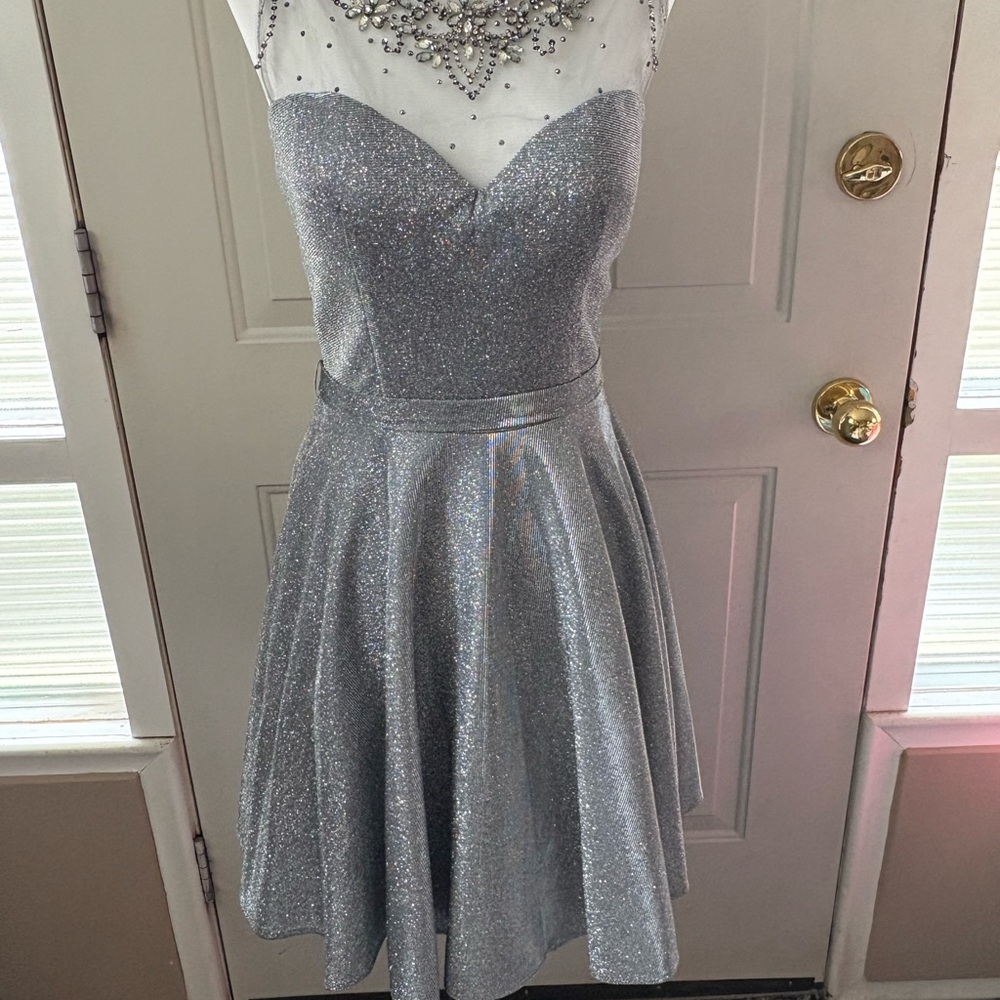 Elegant Silver Glitter Grade 8 Grad Dress